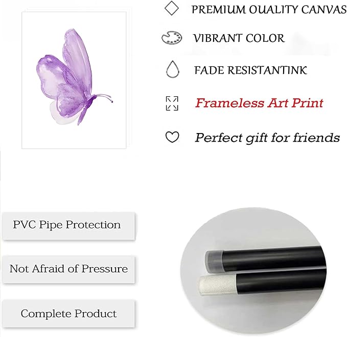 ZLYARTMP 3Pcs Butterfly Wall Art Purple Butterfly Posters Pictures Minimalist Cute Animal Prints Paintings Aesthetic Preppy Room Canvas for Girls Bedroom Nursery Home Wall Decor Gift Unframed