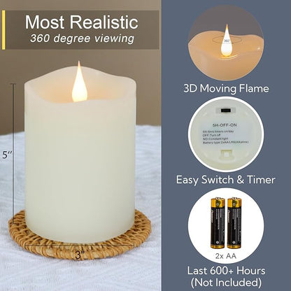 TECHLONG Flameless Candles Battery Operated with Timer, 3D Moving Flame Flickering, Last 600+ Hours Battery Candles, 3" x 5" Ivory Real Wax Electric LED Candle for Wedding Party Decorations