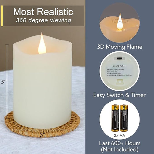 TECHLONG Flameless Candles Battery Operated with Timer, 3D Moving Flame Flickering, Last 600+ Hours Battery Candles, 3" x 5" Ivory Real Wax Electric LED Candle for Wedding Party Decorations