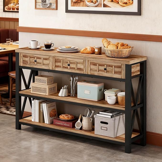 FATORRI Console Table for Entryway, Rustic Sofa Table with 3 Drawers for Living Room, Farmhouse Hallway Tables with Storage and Couch Tables Behind Sofa (54.72 Inch Long, Rustic Oak)