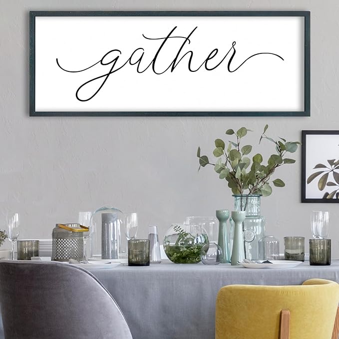 FZMHASLWW Gather Sign Wall Decor 32"×12" Large Wooden Framed for Dining Room Simple Home Kitchen Hanging Art (Black)