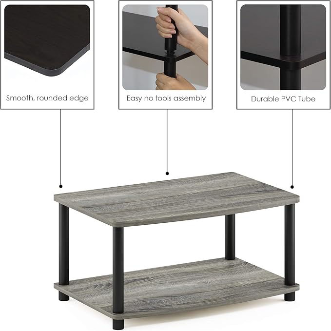 Furinno Turn-N-Tube TV Riser Stand, 2-Tier Small Elevated No Tools TV Stand, TV Console for TV up to 32 inch, 15.8 x 23.8 x 11, for Living Room, Bedroom, French Oak Grey