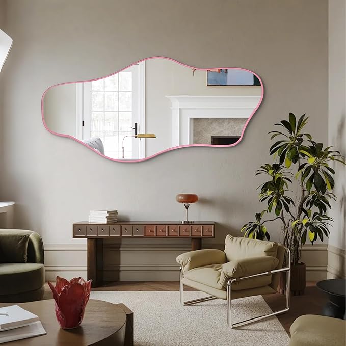 Large Irregular Mirror, 63"x30" Asymmetrical Tempered Glass Mirror Full Length, Pink Organic Frameless Wall Mirrors for Living Room Bedroom Hallway Entryway, Horizontal or Vertical Hanging
