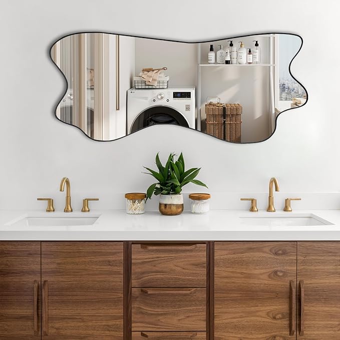 Irregular Mirror, 47.2"x21.2" Asymmetrical Aesthetic Wall Mirror, Modern Frameless Decorative Mirrors for Living Room Bedroom Entryway Hallway Fireplace, Horizontal or Vertical Hanging