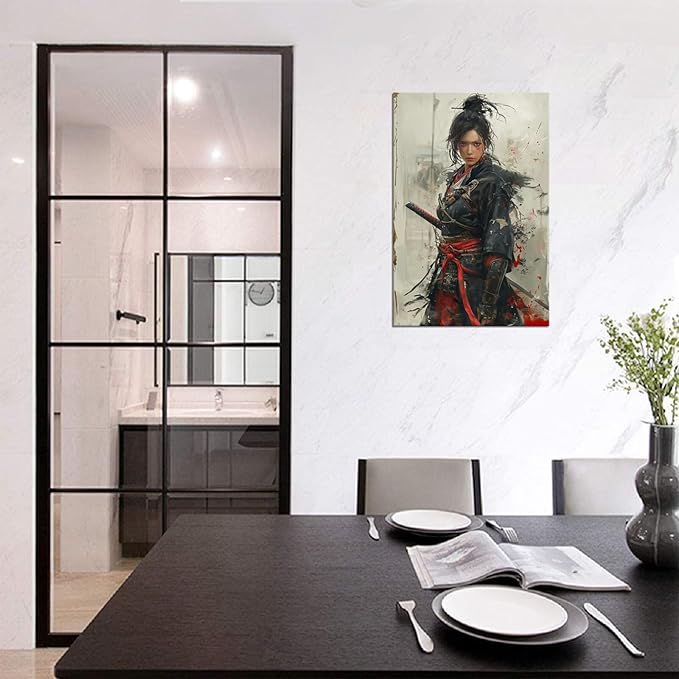 Japanese Female Samurai Wall Art Woman Fight Painting Canvas Prints Warrior Figure Pictures Bushido Posters Japanese Culture Theme Artwork for Bedroom Living Room Decor (12''W x 16''H)