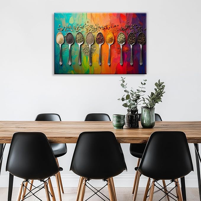 OAAPITI Kitchen Canvas Wall Art Colorful Spices Seasoning Spoon Picture Print Rustic Contemporary Artwork For Home Kitchen Dining Room Wall Decor(Artwork-2,20"x30")