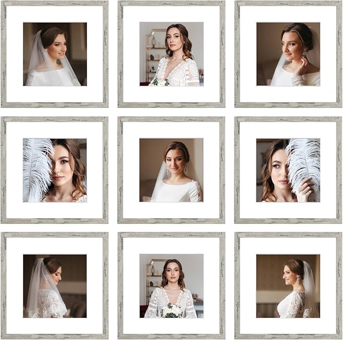 12x12 Picture Frame Set of 9, Display Pictures 8x8 with Mat or 12x12 without Mat, Multi Collage Gallery Square Photo Frames for Wall or Tabletop, Distressed Gray