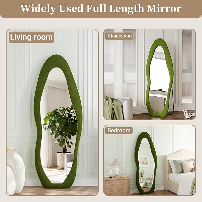 Full Length Mirror, 63"x24" Full Body Mirrors, Flannel Floor Mirrors with Stand, Irregular Wavy Mirror Hanging or Leaning Against Wall for Bedroom Living Room, Green