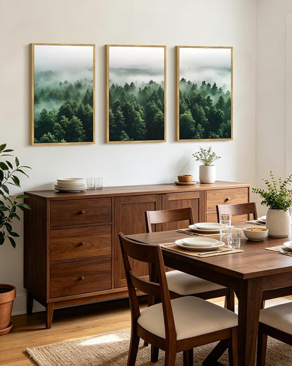 PHOPAGO Green Fog Pine Tree Framed Wall Art Large 16x24in Nature Misty Nordic Forests Artwork Morden Paints Bedroom Living Room Home Decor - Natural Framed