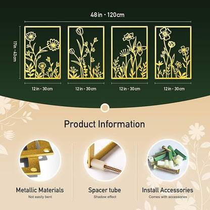 Sokurdeg Gold Metal Flowers Wall Decor, Minimalist Floral Metal Wall Hanging Art for Bedroom Bathroom Living Room (4 Pcs, 12 x 17 in)