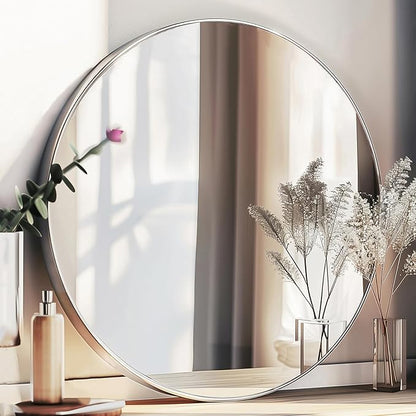 Sunniry Silver Round Mirror 30 inch, Round Bathroom Mirror, Silver Circle Mirrors with Brushed Aluminum Frame, Circle Wall Mirrors for Bathroom, Living Room, Hallway, Bedroom.
