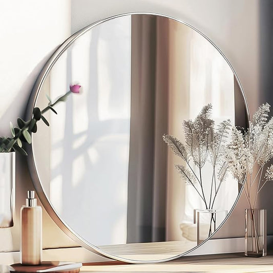 Sunniry Silver Round Mirror 30 inch, Round Bathroom Mirror, Silver Circle Mirrors with Brushed Aluminum Frame, Circle Wall Mirrors for Bathroom, Living Room, Hallway, Bedroom.