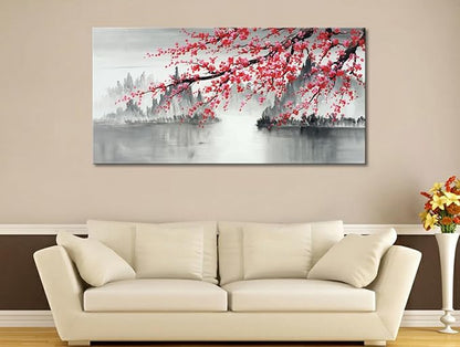 Large Traditional Chinese Painting Hand Painted Plum Blossom Canvas Wall Art Modern Black and White Landscape Oil Painting for Living Room 60 x 30 inch