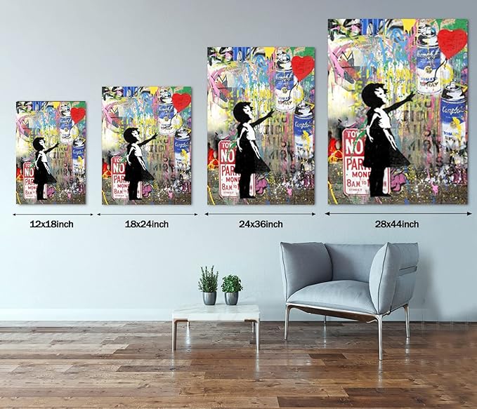 Yatsen Bridge Banksy Wall Art Canvas, Girl and Balloon Picture, Graffiti Poster and Print Modern Pop Street Graffiti Home Decorations Ready to Hang - 28x44 inch