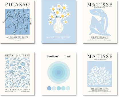 Habseligkeit Blue Matisse Wall Art Prints, Retro Abstract Wall Decors for Room Aesthtic, Flower Market Posters for Bedroom Decor Unframed, 8X10in, Set of 6