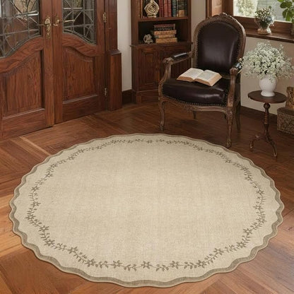 GarveeHome Round Area Rugs 4ft for Kids Room, Solid Jute Scalloped Washable Circle Rug Soft Non Slip Floral Print Floor Mat Tan Carpet Indoor Thin Tent Rug for Bedroom Dining Room Playroom Nursery