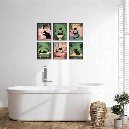 KBKBART Funny Cat Bathroom Wall Art Prints Poster, Black Cat Pictures Bathroom Canvas Wall Decor Toilet Art Vintage Painting Artwork Set of 6 Unframed Posters, 8x10 inches