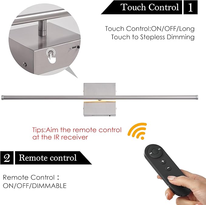 KARTOOSH Battery Operated Wall Sconces with Remote Control, Dimmable Wall Sconces Set of Two, 350°Rotate, 3000K LED Nickel Wireless Wall Light for Living Room, Hallway, Bedroom, 24.4 Inch (2 Pack)