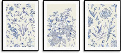 LYPHNX Blue White Chinoiserie Floral Poster Wall Art Navy Watercolor Flower Canva Painting Set of 3 Minimalist Botanical Wildflower Prints Picture Home Decor for Bedroom Living room 16"x24" UnFramed