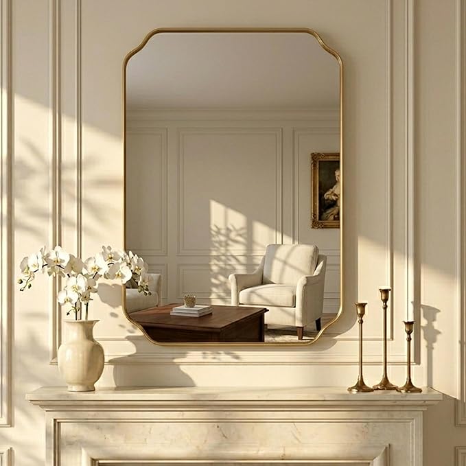 Gold Wall Mirror 32"x24", Scalloped Edge Vanity Mirror - Hangs Vertically/Horizontally Decorative Bathroom Mirror for Vanity, Bedroom & Entryway, Aesthetic Bathroom Decor