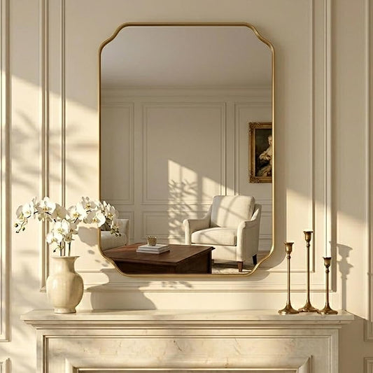 Gold Wall Mirror 32"x24", Scalloped Edge Vanity Mirror - Hangs Vertically/Horizontally Decorative Bathroom Mirror for Vanity, Bedroom & Entryway, Aesthetic Bathroom Decor
