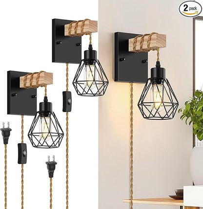 Lomoky Farmhouse Wood Wall Sconces with Plug in Cord, Black Wall Sconces Set of Two, Wall Lamps that Plug into Wall Outlet, Vintage Sconce Lighting Wall Decor for Bedroom Living Room, with 5.58FT Cord
