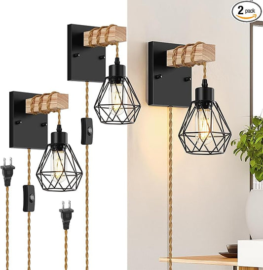 Lomoky Farmhouse Wood Wall Sconces with Plug in Cord, Black Wall Sconces Set of Two, Wall Lamps that Plug into Wall Outlet, Vintage Sconce Lighting Wall Decor for Bedroom Living Room, with 5.58FT Cord