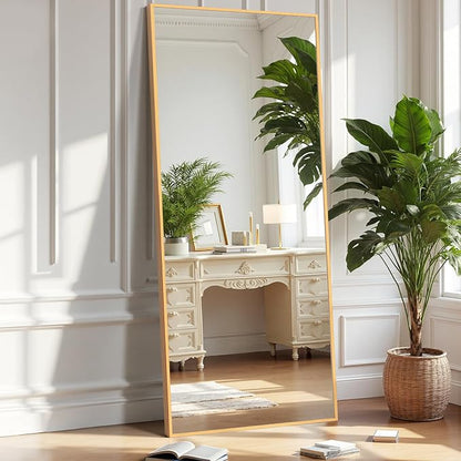 OLIXIS Gold Full Length Mirror 60"x16" for Bedroom, Full Body Mirror with Stand, Hanging or Leaning for Wall, Aluminum Alloy Thin Frame Floor Standing for Living Room, Long