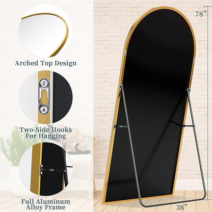 Full Length Mirror with Stand, 78"x38" Arched Full Body Mirror, Large Stand Up Mirrors, Aluminum Frame Floor Standing Mirrors, Freestanding Hanging Leaning Mounted for Bedroom Living Room, Gold