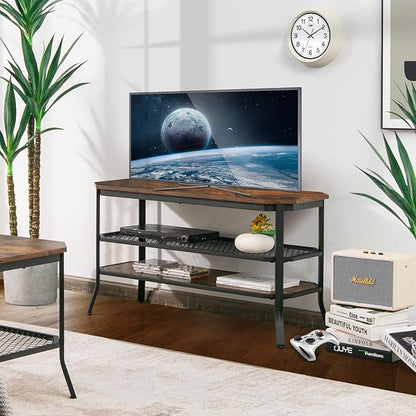 GOFLAME Industrial TV Stand for TVs up to 46", 3-Tier Wood TV Cabinet with Steel Frame, Rustic Entryway Console Table, Media Entertainment Center for Living Room, Bedroom, Rustic Brown & Black