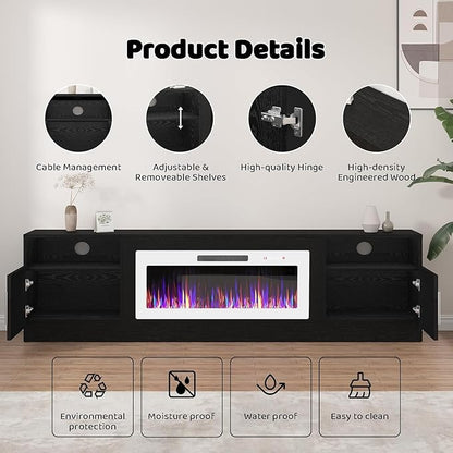 Lemberi Fireplace tv Stand with 36 inch White Fireplace Up to 90" TVs, LED Light Entertainment Center and Storage, 80" Modern Wood Media TV Console with Highlight Cabinet for Living Room (Black)