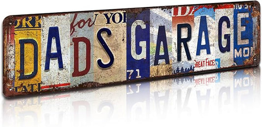 Dad’s Garage Vintage Metal Tin Sign - Rustic Industrial Wall Art for Garage, Workshop, Man Cave, Tool Room Décor - 4x16 Inch