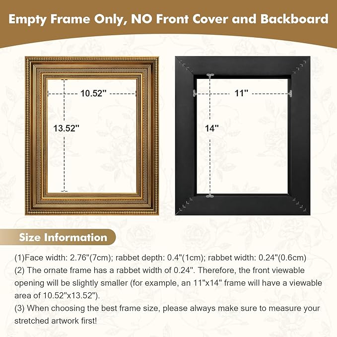 Vintage Plein Air Frame for 8x8 Handmade Paintings, 2.4" Wide Antique Embossed Art Frame for Horizontal Vertical Display, No Glass Cover & Back, Living Room Bedroom Entryway Decor (Gold)