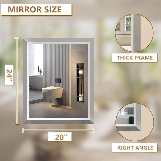 SMIROR Brushed Silver Bathroom Mirror for Over Sink, 20”x 24” Metal Thick Framed Rectangle Vanity Mirror for Wall, Right Angle Corner, Anti-Rust, Horizontally or Vertically Mounted