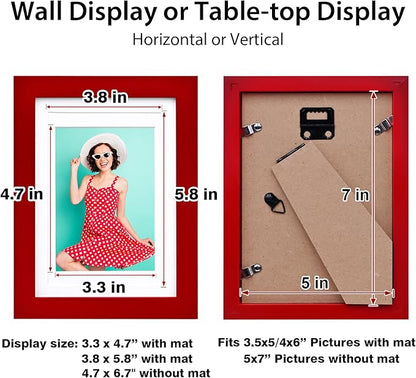 KINLINK 5x7 Picture Frame Red, Solid Wood Frames with Acrylic Plexiglass for 3.5x5/4x6 with Mat or 5x7 without Mat, Tabletop and Wall Display Photo Frame Set of 4