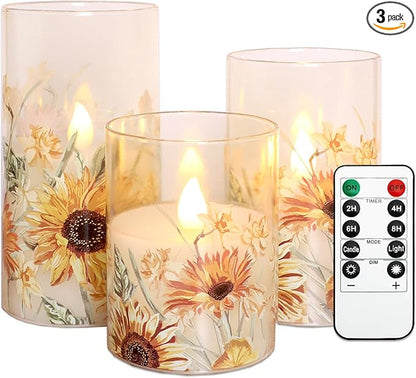MELTONE Sunflower Flameless Candles Remote Real Wax Flickering Battery Operated Glass Candles - Home Party Bedroom Birthday Christmas Summer Spring Decorations