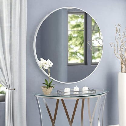 Round Wall Mirror 36 Inch, Large Circle Mirrors with White Wood Frame for Bathroom, Entry, Dining Room & Living Room,Tempered Glass-Shatterproof Mirror (White, 36 in)