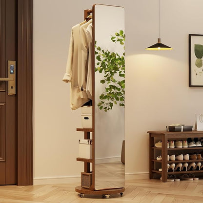 WoodsWhisper Full Length Mirror Coat Rack Solid Wood Floor Mirror 66"x12" Full Length Mirror with Stand Long Mirrors for Bedroom,Living Room (Walnut-Mobile, 66" Lx12 W)