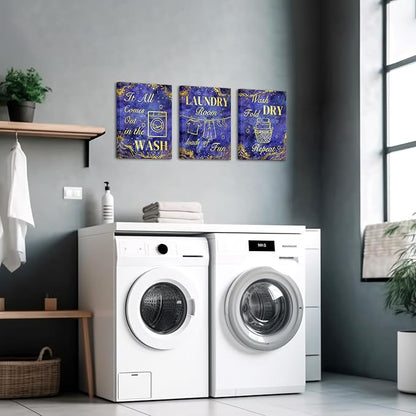 sechars Laundry Room Wall Art Wash Dry Fold Laundry Sign Painting Canvas Prints Purple and Gold Bathroom Laundry Decor (Purple)