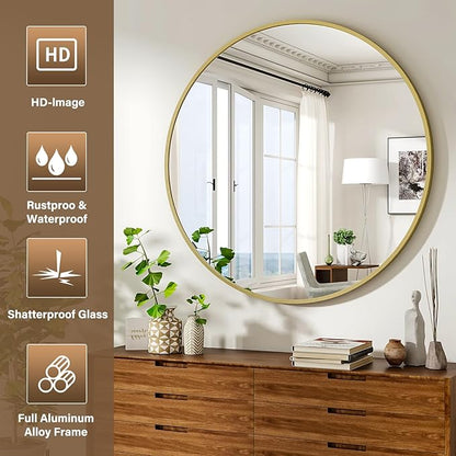 XRAMFY 36 Inch Round Mirror - Circle Mirrors for Bathroom, Entryway and Living Room Wall Decor, Modern Hanging Vanity Mirror, Matte Gold Circle Decorative Wall Mirror