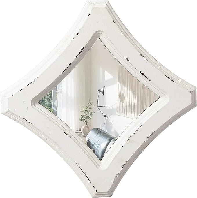 Farmhouse Small Decorative Mirrors for Wall Decor Living Room 7.9 inch, Hanging Distressed White Vintage Wood Frame Bedroom Mirror, Rustic Rhombus Wall Mounted Mirror for Home Decor