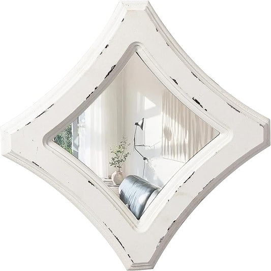 Farmhouse Small Decorative Mirrors for Wall Decor Living Room 7.9 inch, Hanging Distressed White Vintage Wood Frame Bedroom Mirror, Rustic Rhombus Wall Mounted Mirror for Home Decor