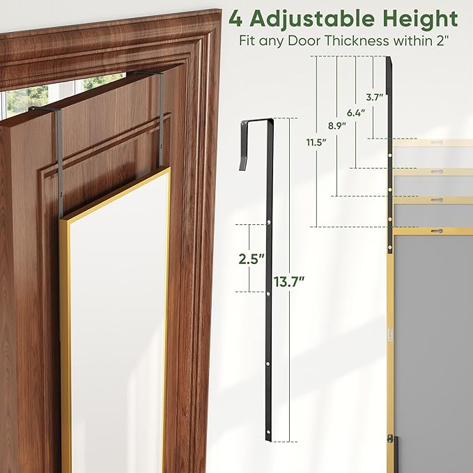 Suidia Full Length Mirror Over the Door&Wall Mounted, 48"x14" Door Mirror with Aluminum Alloy Frame, HD Shatterproof, No-Drill, Hanging Mirrors for Bedroom, Bathroom, Dorm, Closet, Rect, Gold