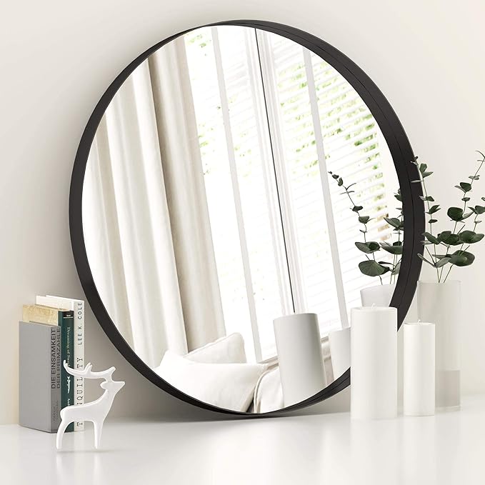 LYYYXGYP Black Round Wall Mirror for Bathroom 24x24 Inches Stainless Steel Metal Frame Mirror for Wall Hanging Wall Mounted Mirror