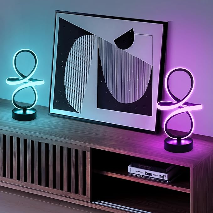 EIDISUNY Modern RGB Table Lamps, Multicolor Changing Spiral Bedside Lamp with Remote&APP, Cool Table Lamp, Dimmable LED Nightstand Lamp with Music Rhythm Modes for Bedroom, Living Room, Black(2 Pack)