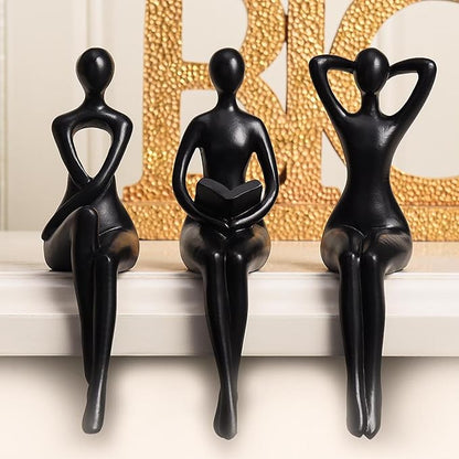 Quoowiit Black Thinker Statue Book Shelf Decor, Minimalist Modern Home Decor Collectable Figurines Office Desk Unique Coffee Table Decorations for Living Room 3 Piece