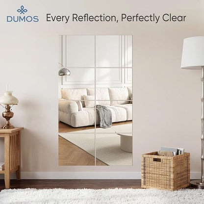 DUMOS 4 Pack Wall Mirror Tiles, Hallway Mirror 16"x12" HD Glass Sheets, Square Mirrors for Wall for Bathroom Living Room Home Gym