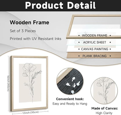 Neutral Botanical Prints Wall Art Flower Minimalist Canvas Wall Decor Vintage Line Wall Art Floral Plant Painting Pictures Beige Boho Artwork Farmhouse Poster for Bedroom 12x16x3 Inch Wood Framed