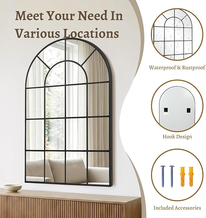 Anpark Arched Windowpane Wall Mirror 24"x36" Black Wall Mounted Art Pane Mirror Farmhouse Decorative Mirror Leaning Hanging Wall Mirror for Bedroom Living Room Entrance Hallway Wall Decor