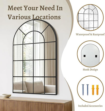 Anpark Arched Windowpane Wall Mirror 24"x36" Black Wall Mounted Art Pane Mirror Farmhouse Decorative Mirror Leaning Hanging Wall Mirror for Bedroom Living Room Entrance Hallway Wall Decor